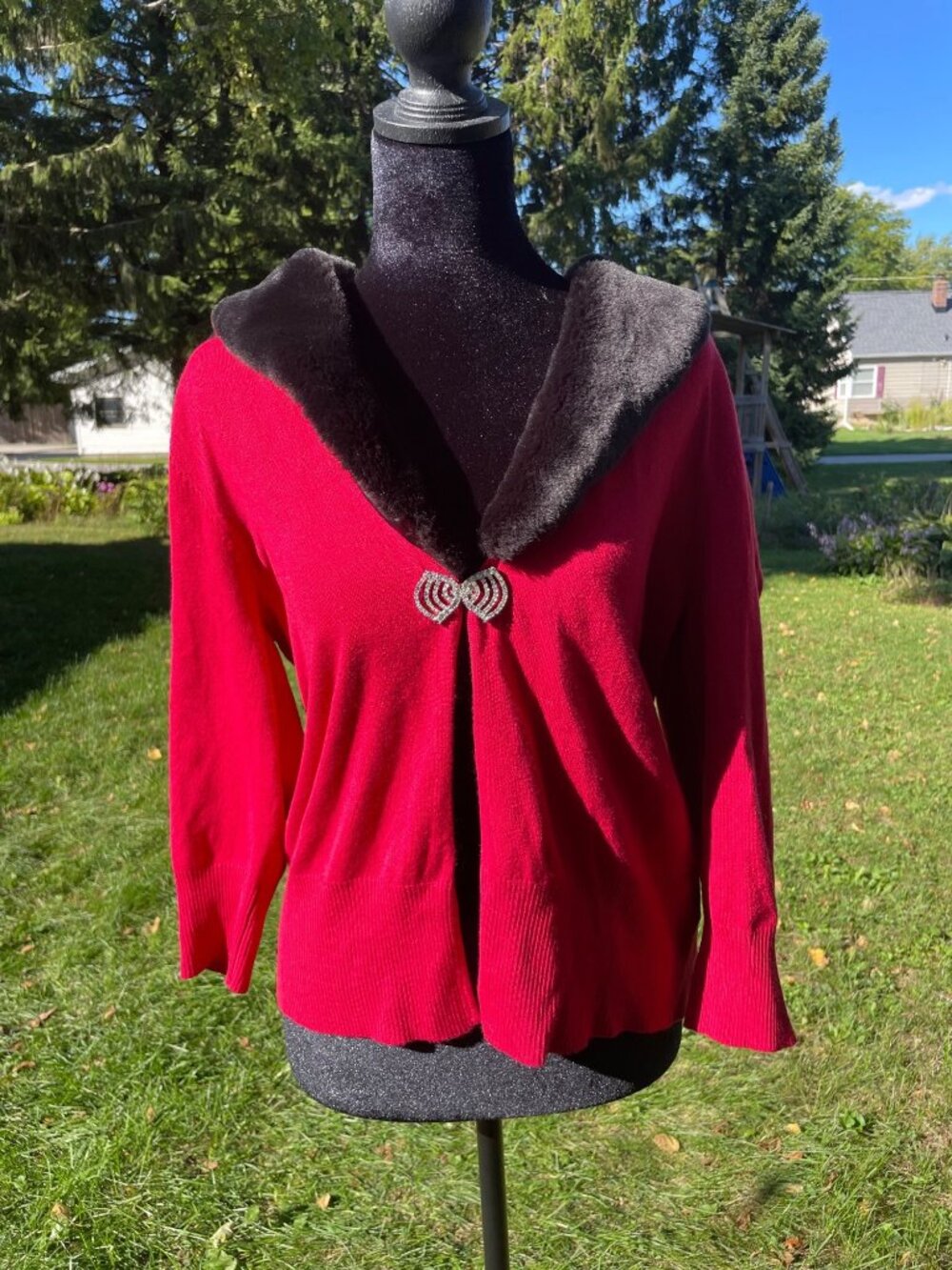 Vintage Y2K Cardigan Holiday Christmas Faux Fur Collar Red Glam Rhinestone XL